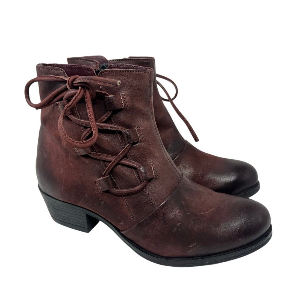Miz Mooz Baxter Leather Side Tie Ankle Boots in Merlot 38 Wide